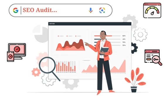 A man explaining SEO audits of website performance and optimizing for better search engine rankings
